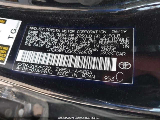 Toyota Prius L Eco 2019 JTDKARFU0K3096833 Image 9