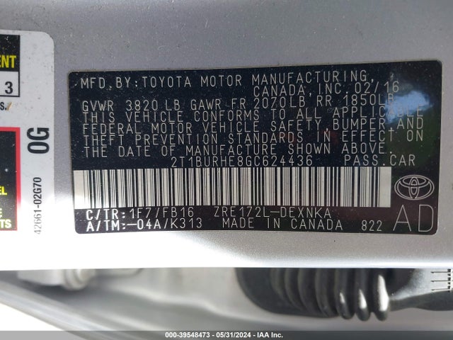 Toyota COROLLA LE 2016 2T1BURHE8GC624436 Image 9