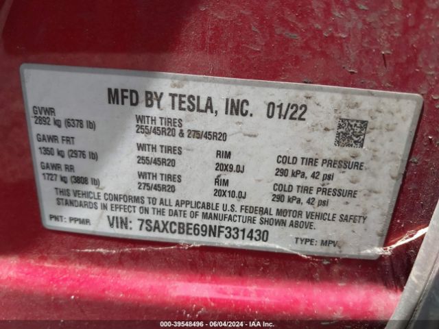 7SAXCBE69NF331430 Tesla Model X Plaid Tri Motor All-wheel Drive