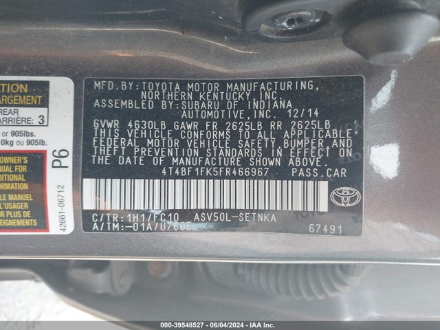 Toyota CAMRY LE 2015 4T4BF1FK5FR466967 Image 9