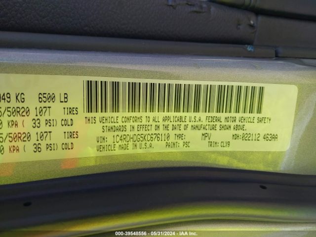 1C4RDHDG5KC676110 Dodge Durango Gt Rwd