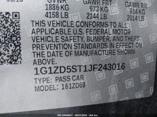 1G1ZD5ST1JF243016 Chevrolet MALIBU LT