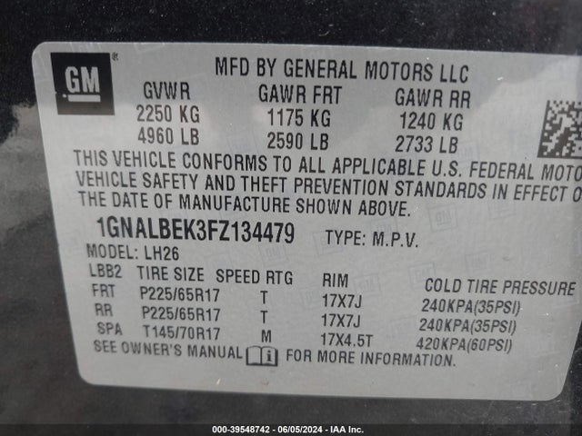 Chevrolet EQUINOX 1LT 2015 1GNALBEK3FZ134479 Image 9