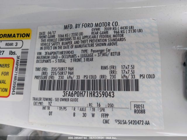 3FA6P0H71HR359043 Ford FUSION SE