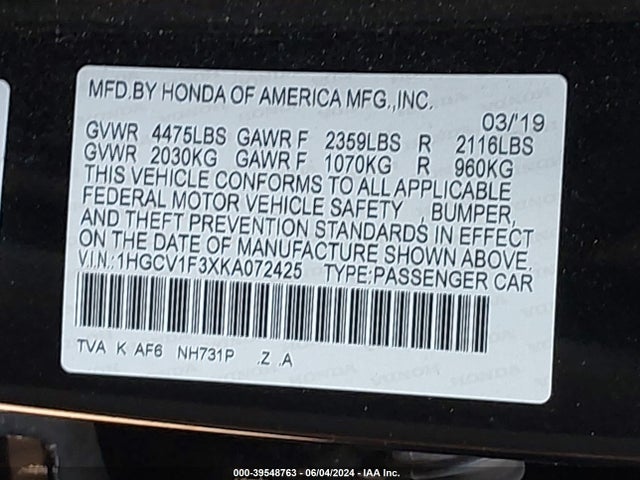 Honda Accord Sport 2019 1HGCV1F3XKA072425 Image 9