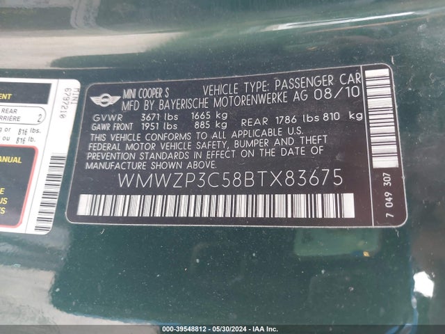 2011 MINI COOPER S WMWZP3C58BTX83675 Photo 8
