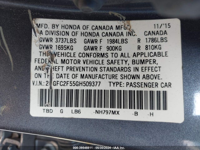 Honda Civic Lx 2016 2HGFC2F55GH509377 Image 9