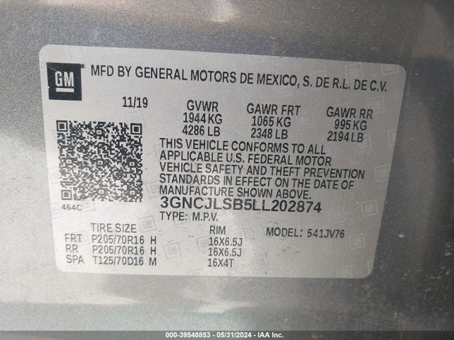 Chevrolet Trax Fwd Lt 2020 3GNCJLSB5LL202874 Image 9