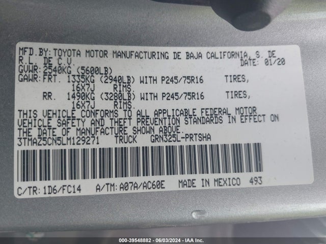 Toyota Tacoma Sr5 V6 2020 3TMAZ5CN5LM129271 Image 9