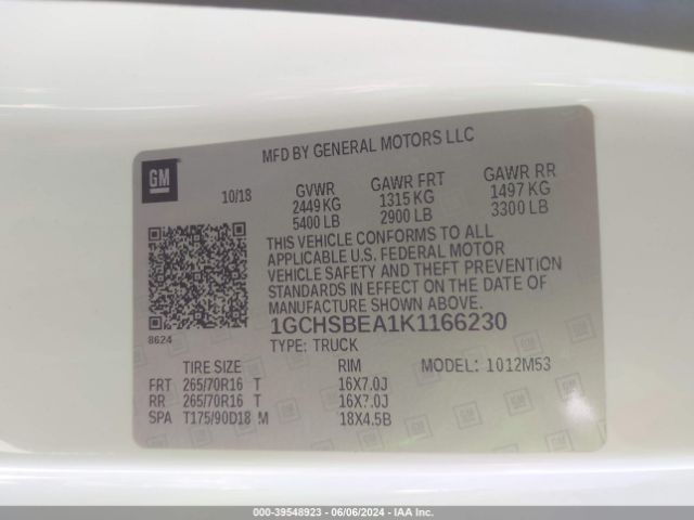 1GCHSBEA1K1166230 Chevrolet Colorado Wt