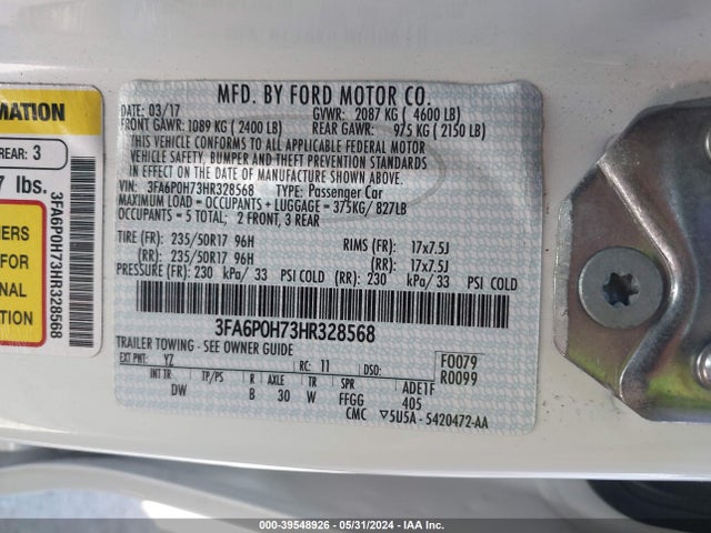 Ford FUSION SE 2017 3FA6P0H73HR328568 Image 9