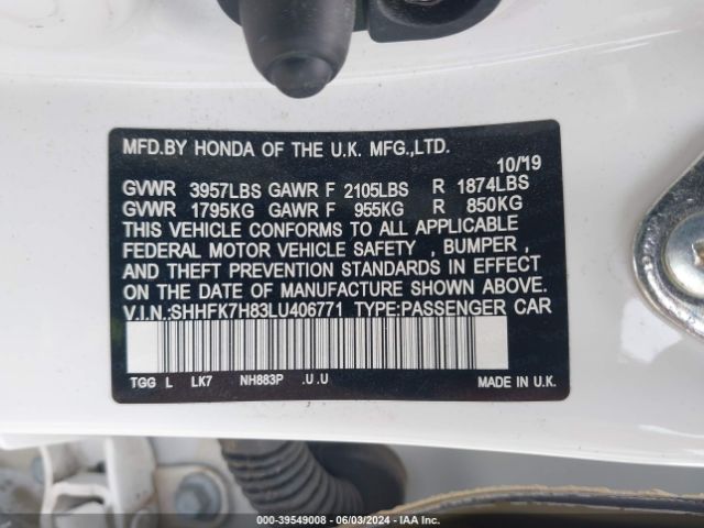 SHHFK7H83LU406771 Honda Civic Ex-l
