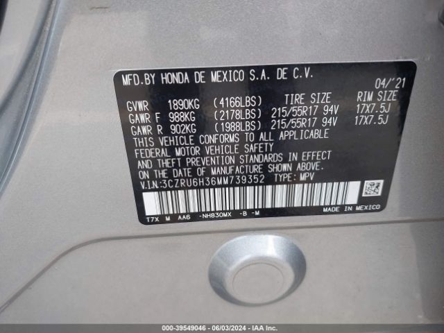 3CZRU6H36MM739352 Honda Hr-v Awd Lx