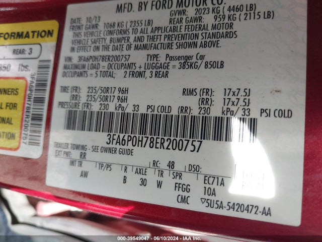 Ford FUSION SE 2014 3FA6P0H78ER200757 Image 9