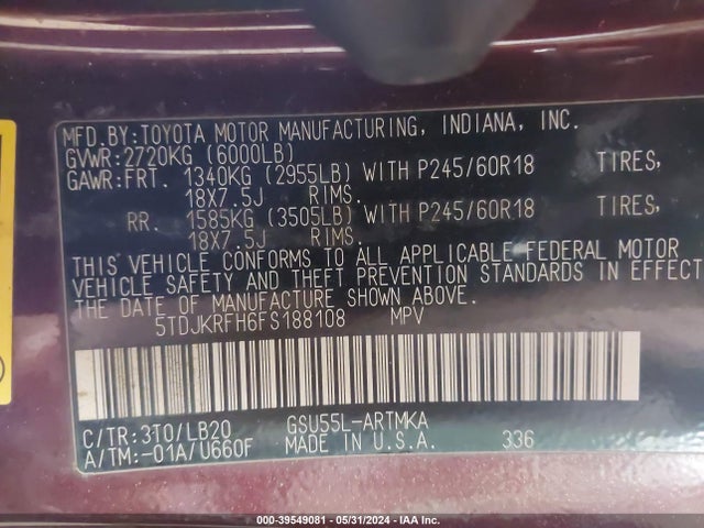 Toyota Highlander Xle V6 2015 5TDJKRFH6FS188108 Image 9