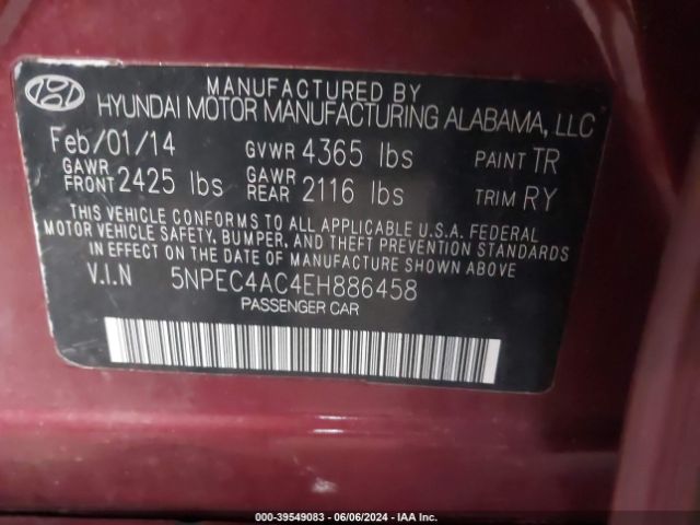 5NPEC4AC4EH886458 Hyundai SONATA SE