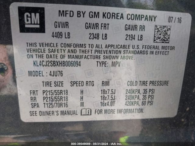 KL4CJ2SBXHB006094 Buick Encore Sport Touring