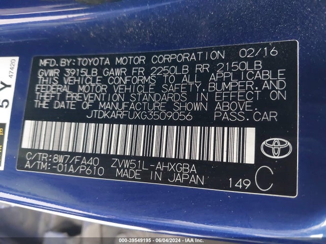 Toyota Prius Three 2016 JTDKARFUXG3509056 Image 9