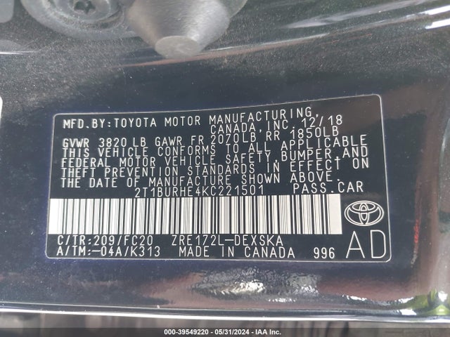 Toyota COROLLA SE 2019 2T1BURHE4KC221501 Image 9
