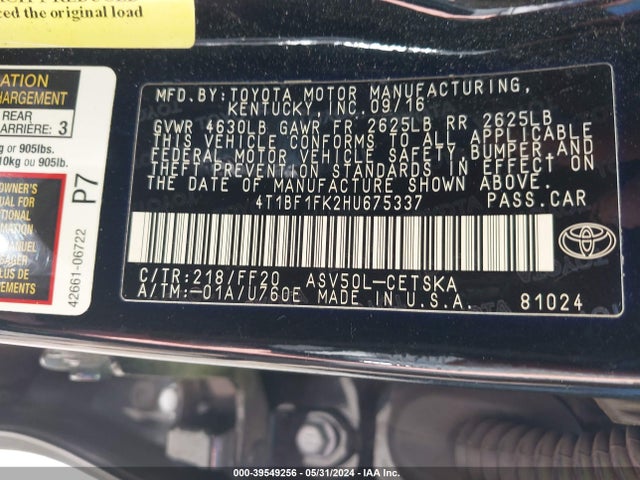Toyota CAMRY SE 2017 4T1BF1FK2HU675337 Image 9