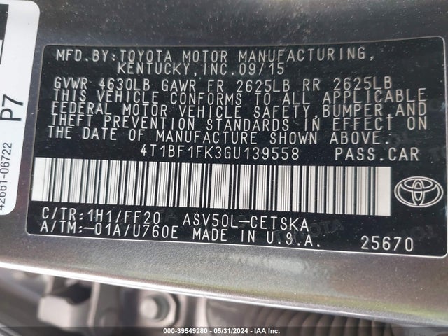 Toyota CAMRY SE 2016 4T1BF1FK3GU139558 Image 9