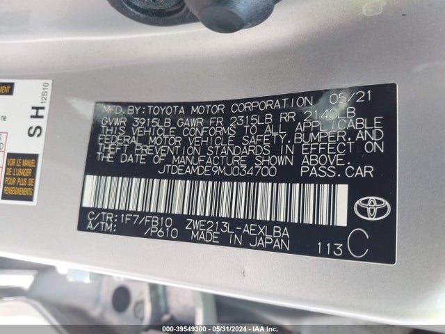 Toyota Corolla Hybrid Le 2021 JTDEAMDE9MJ034700 Image 9
