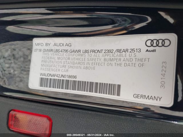 WAUDNAF42JN018696 Audi A4 2.0t Premium/2.0t Tech Premium