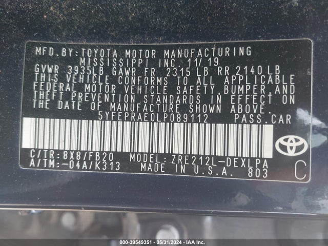 Toyota COROLLA LE 2020 5YFEPRAE0LP089112 Image 9