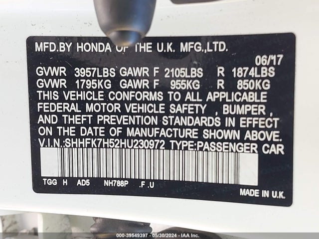Honda CIVIC EX 2017 SHHFK7H52HU230972 Image 9