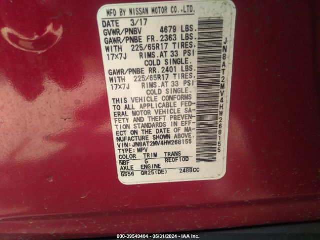 JN8AT2MV4HW268155 Nissan ROGUE SV
