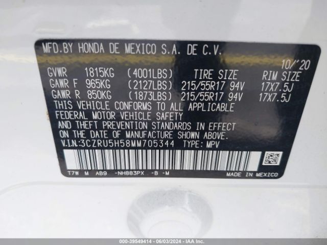3CZRU5H58MM705344 Honda Hr-v 2wd Ex