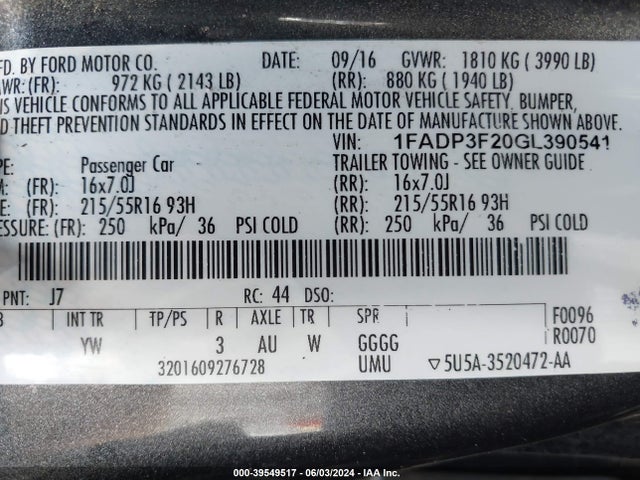 Ford FOCUS SE 2016 1FADP3F20GL390541 Image 9