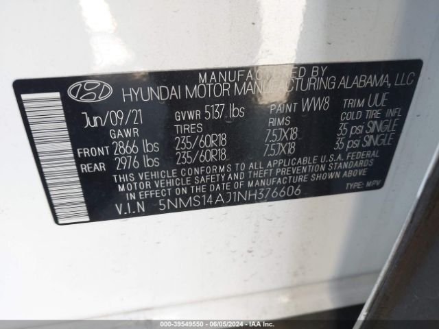 5NMS14AJ1NH376606 Hyundai Santa Fe Se