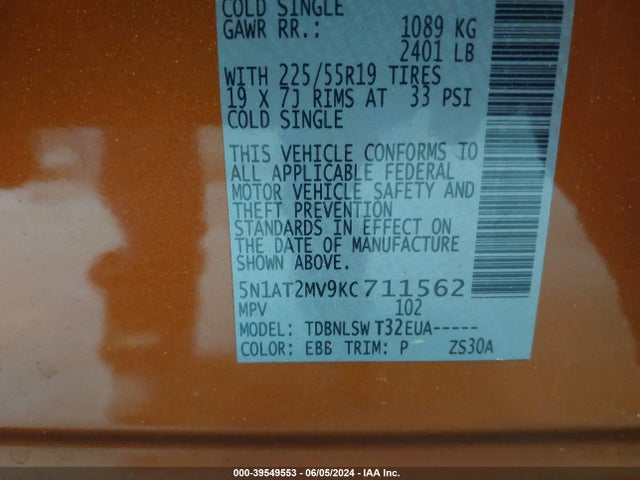 Nissan Rogue Sl 2019 5N1AT2MV9KC711562 Image 9