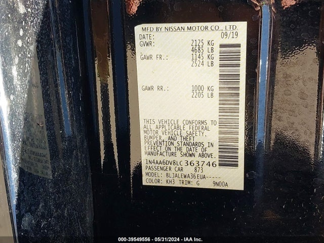 Nissan Maxima Sl Xtronic Cvt 2020 1N4AA6DV8LC363746 Image 9