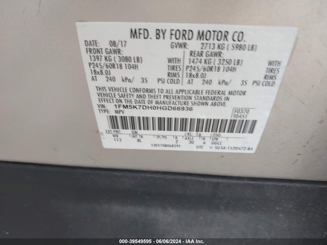 Ford EXPLORER XLT 2017 1FM5K7DH0HGD66936 Image 9