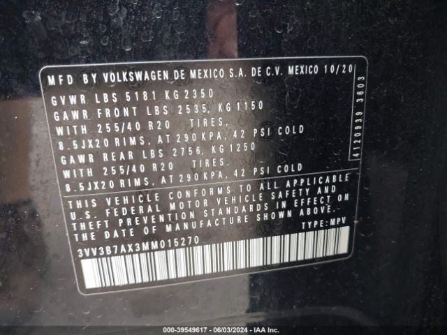 3VV3B7AX3MM015270 Volkswagen Tiguan 2.0t Se/2.0t Se R-line Black/2.0t Sel