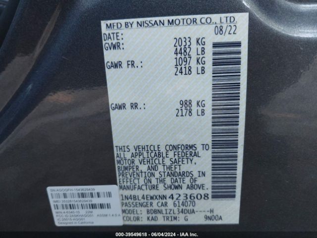 1N4BL4EWXNN423608 Nissan Altima Sl Intelligent Awd