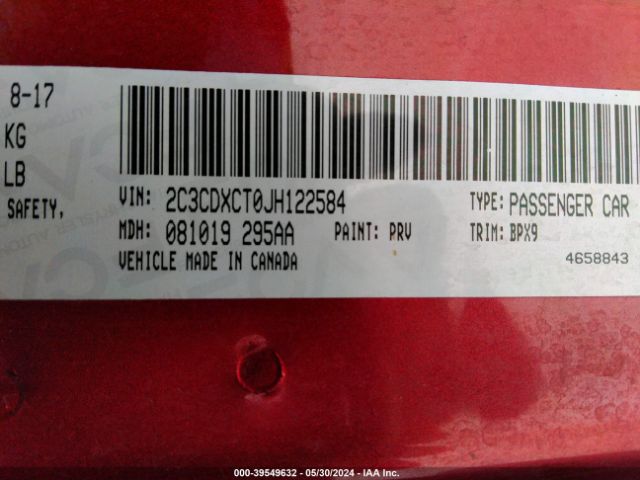 2C3CDXCT0JH122584 Dodge Charger R/t Rwd