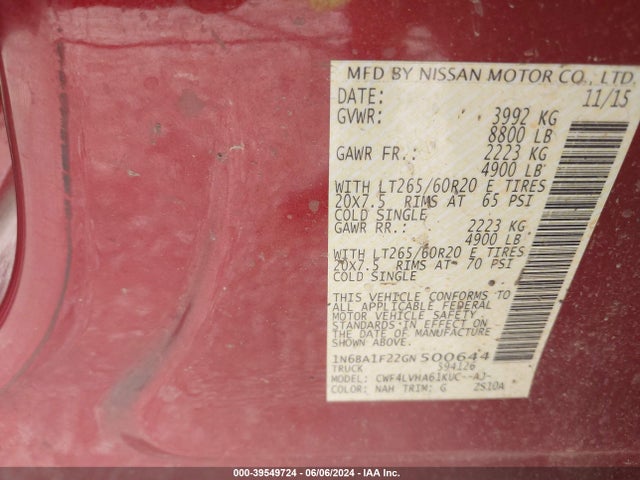 1N6BA1F22GN500644 Nissan Titan Xd Sl Diesel