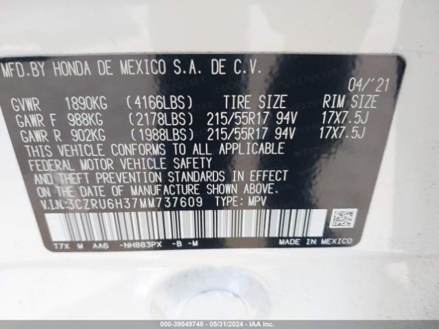 3CZRU6H37MM737609 Honda Hr-v Awd Lx
