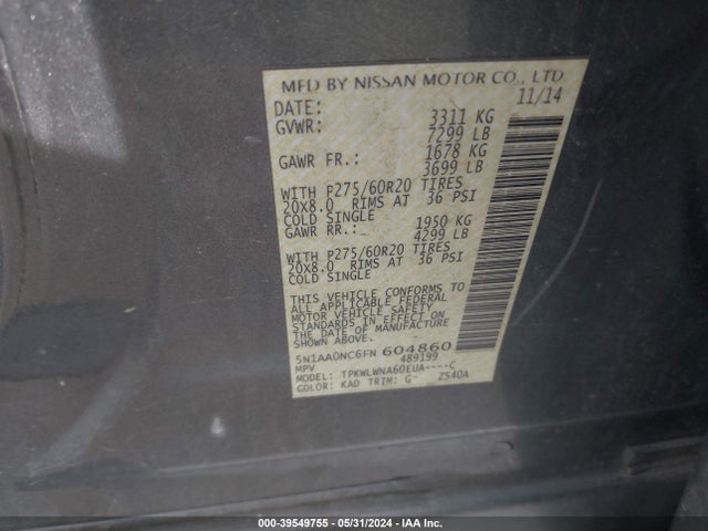 Nissan Armada Platinum 2015 5N1AA0NC6FN604860 Image 9