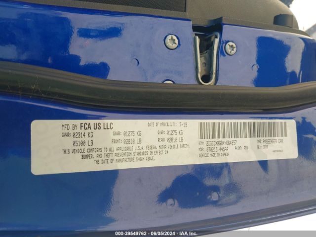 2C3CDXBG8KH664957 Dodge Charger Sxt Rwd