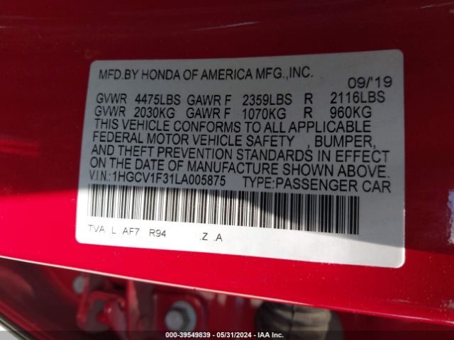 1HGCV1F31LA005875 Honda Accord Sport