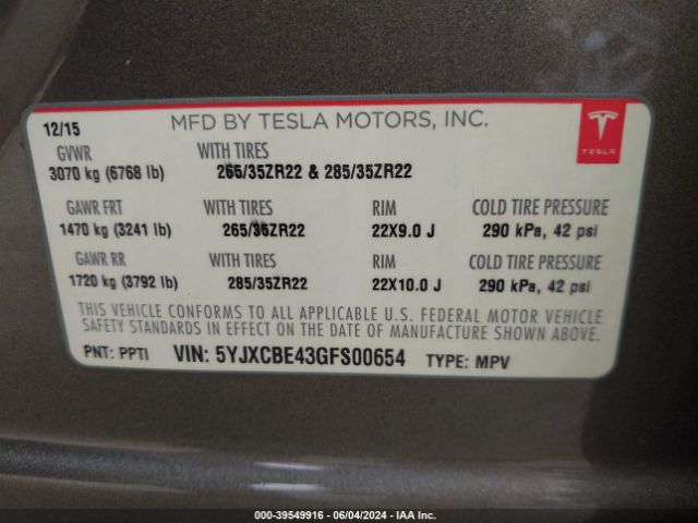 5YJXCBE43GFS00654 Tesla Model X 75d/p100d/p90d
