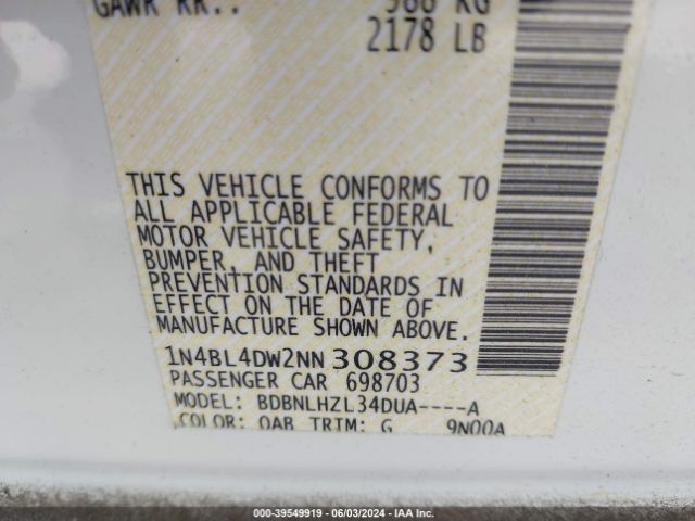 1N4BL4DW2NN308373 Nissan Altima Sv Intelligent Awd