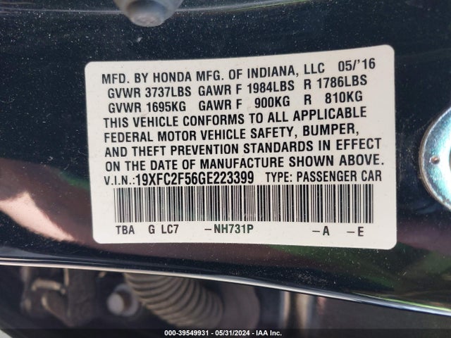 Honda Civic Lx 2016 19XFC2F56GE223399 Image 9