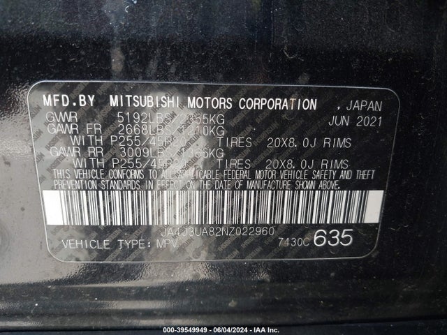 JA4J3UA82NZ022960 Mitsubishi Outlander Black Edition 2wd/se 2.5 2wd/se Launch Edition 2wd