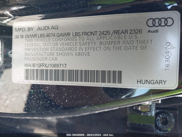 WAUB1GFFXJ1069717 Audi S3 2.0t Premium Plus/2.0t Tech Premium Plus
