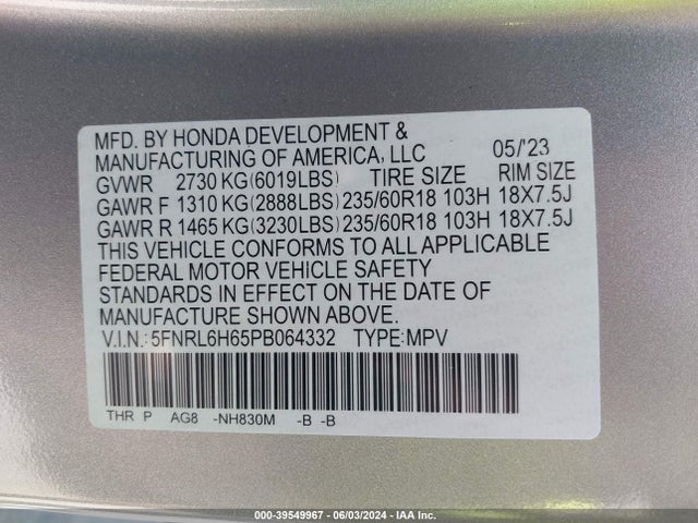 Honda Odyssey Ex-l 2023 5FNRL6H65PB064332 Image 9